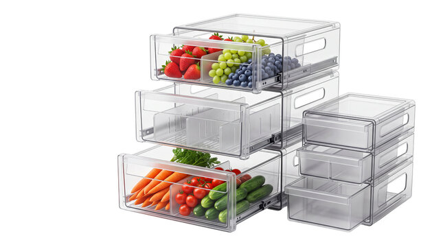 Clear plastic refrigerator organizer bins with fresh produce, stackable kitchen storage drawers for food organization isolated PNG with Transparent Background