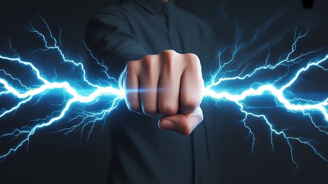 Human fist clenching with bright blue electric lightning bolts crackling around it on a dark background, representing power and, energy concept