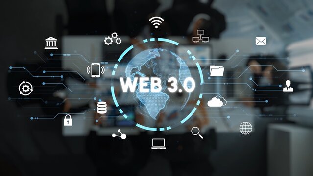 Conceptual illustration of Web 3.0 with digital icons representing technology, data connectivity, and internet evolution showcasing a modern digital environment. Entropy.