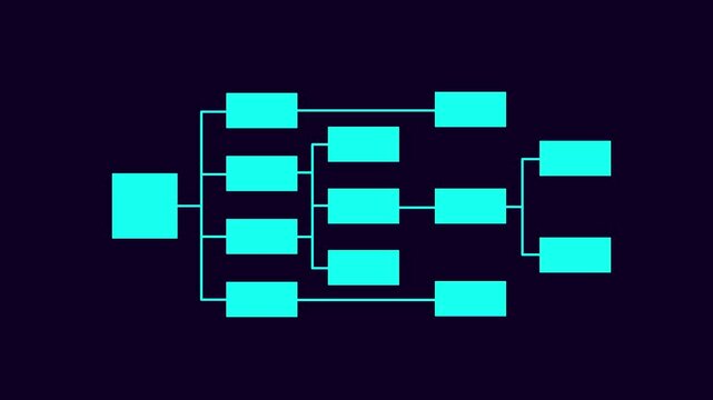 Abstract glowing workflow diagram overlay. Business process mapping and data structure visualization. Digital flowchart interface on a black background 4k video animation.