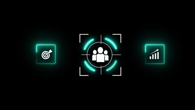 Digital marketing strategy and audience targeting concept. Businessman interacts with data analytics dashboard, customer engagement insights, Motion graphics of target people concept.