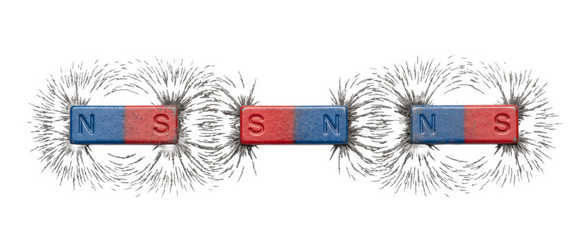 Bar magnet magnetic field lines showing physical force with iron filings on black background for physics science education experiment, polarity attraction repulsion concept studio shot