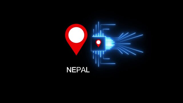 Neon Geolocation Marker &ndash; Nepal Highlight GPS Location Tracking Icon Animation on black background 4k video