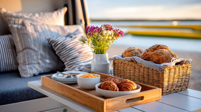 Breakfast tray with croissants and flowers inside a camper van at sunrise for travel food blog background and cozy lifestyle design