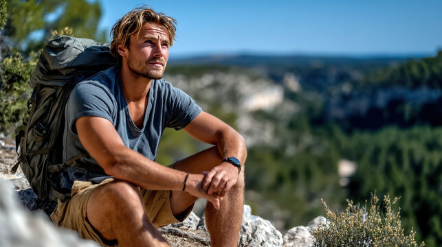 Male hiker resting on a mountain rock with backpack and watch looking at valley for adventure banner and hiking background