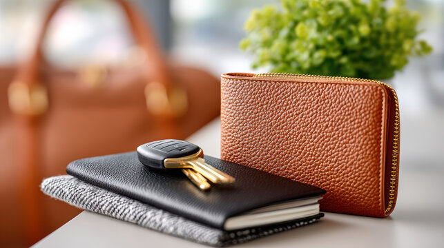 Hotel welcome kit closeup with keys on notebook and leather wallet on counter for reception check in display and travel accessory styling for guest arrival and concierge desk organization