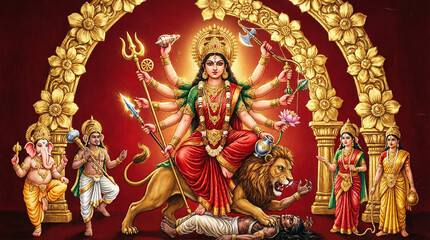 Obraz premium Goddess Durga on lion trampling demon with attendants in ornate shrine celebration.