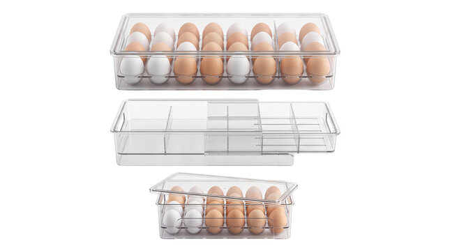 Clear plastic egg storage containers, stackable refrigerator organizer bins for fresh eggs, kitchen pantry organization set isolated PNG with Transparent Background