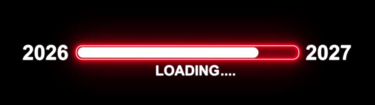  New year 2027 loading bar animation Year changing from 2026 to 2027. Loading bar from 2026 to 2027 new year transfer animation. Almost reaching New Year on black background.