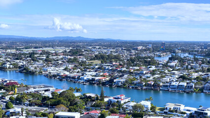 Naklejka premium Aerial View of Luxury Waterfront Homes in Broadbeach Waters Gold Coast