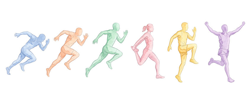 Watercolor runners silhouette sequence running sprint marathon race on white background showing movement progress fitness training success and victory for athletic sports concept banner design.