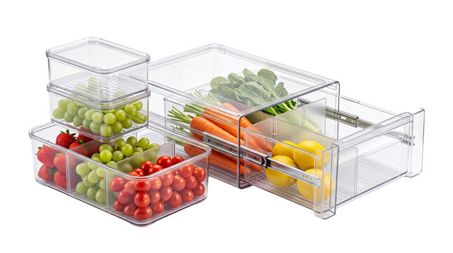Clear plastic refrigerator organizers with fresh vegetables and fruit. Transparent kitchen storage bins for pantry organization and food prep. isolated PNG with Transparent Background