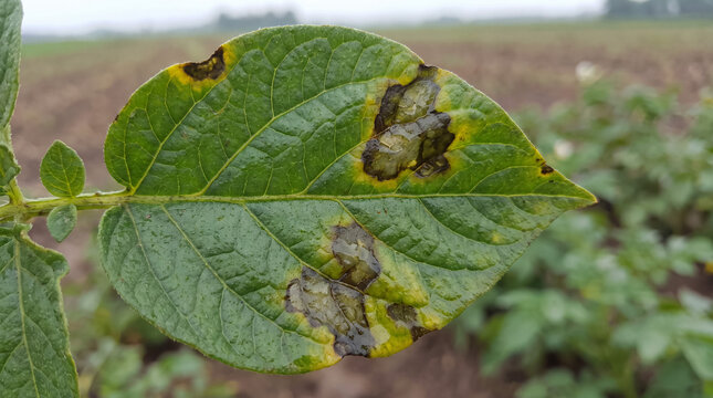 Potato leaf showing disease with dark necrotic lesions and yellowing areas caused by fungal pathogen, impacting crop health