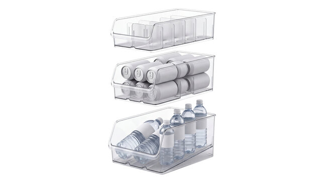 Clear plastic refrigerator organizers, stackable kitchen storage bins for soda cans and water bottles, pantry organization set isolated PNG with Transparent Background
