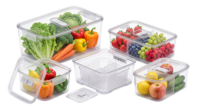 Clear plastic food storage containers with fresh vegetables and fruits, airtight kitchen organization bins, meal prep produce keepers isolated PNG with Transparent Background