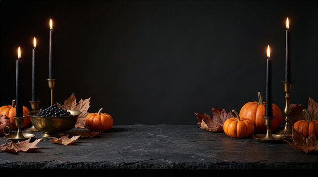 Elegant Halloween still life with pumpkins and candles, designed with advertising copy space