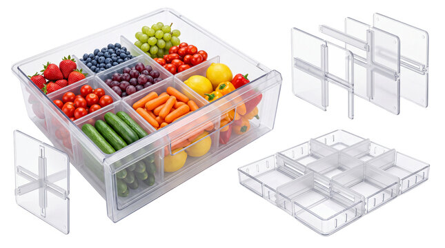 Clear plastic refrigerator organizer with dividers, transparent food storage container for fruits and vegetables, kitchen pantry organization system isolated PNG with Transparent Background