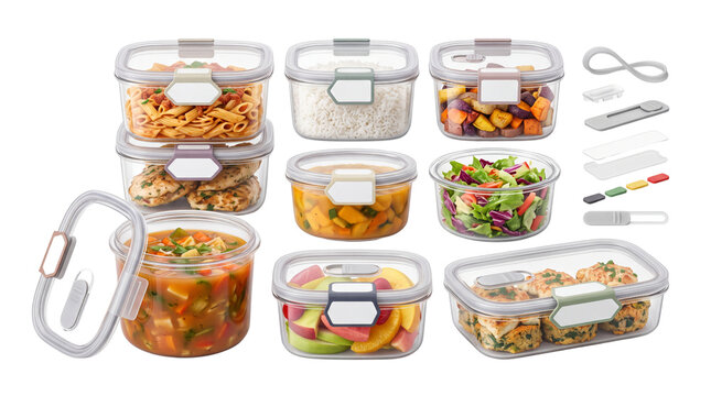 Reusable glass food storage containers set, airtight meal prep boxes with lids, clear kitchen organization canisters for healthy lunch isolated PNG with Transparent Background