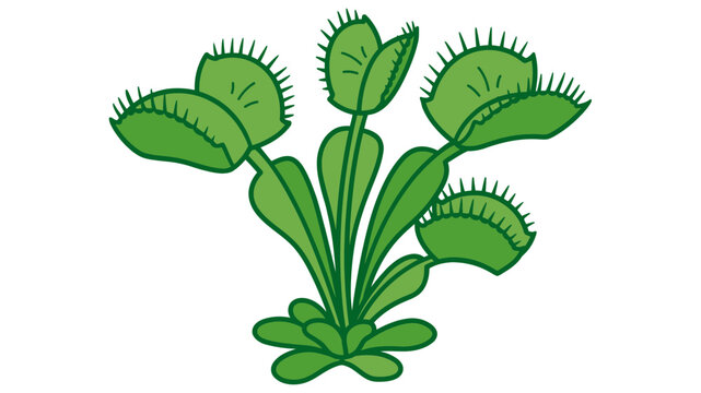 Stylized Green Venus Flytrap Illustration Featuring Serrated Traps and Botanical Leaves