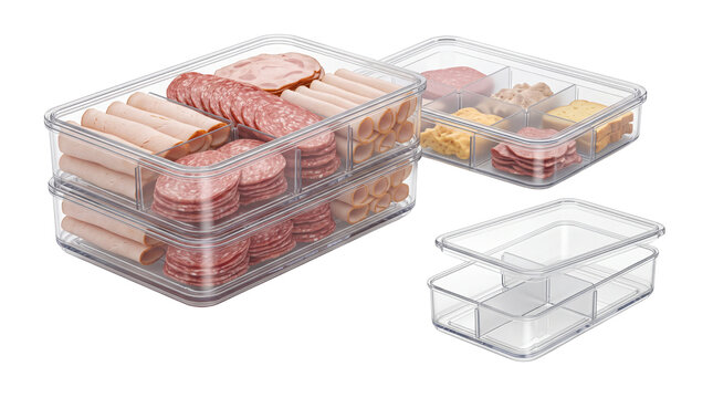 Clear plastic food storage containers with deli meats. Stackable refrigerator organizers for ham and salami. Kitchen meal prep boxes. isolated PNG with Transparent Background