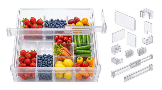 Clear plastic refrigerator organizer with fresh berries and vegetables, modular kitchen storage bin system, transparent food container set isolated PNG with Transparent Background