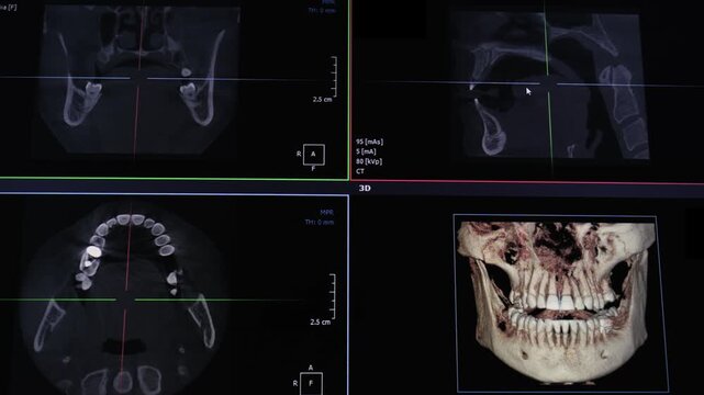 Dental CBCT scan displayed on a computer monitor showing multiplanar views and a three dimensional reconstruction of the jaw. Modern digital dental.