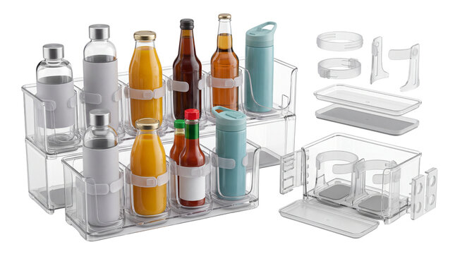 Modern clear plastic refrigerator organizers, acrylic kitchen storage bins for bottles and sauces, home pantry organization set isolated PNG with Transparent Background