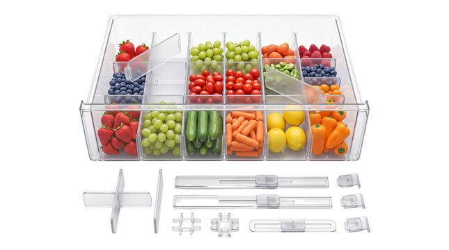 Clear plastic refrigerator organizer with fresh fruit and vegetables, modular kitchen storage bin, acrylic fridge drawer dividers isolated PNG with Transparent Background