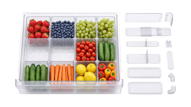 Clear refrigerator organizer bins with fresh produce, plastic kitchen storage containers for fridge organization, modular fruit and vegetable drawer isolated PNG with Transparent Background