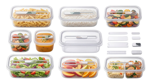 Reusable plastic food containers with lids, meal prep storage set with pasta and salad, airtight kitchen organization boxes isolated PNG with Transparent Background