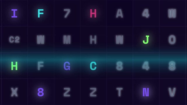 Digital data matrix displaying glowing alphanumeric characters in constant motion for futuristic