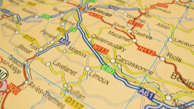 gliding camera movement over atlas map from perpignan to toulouse, france
