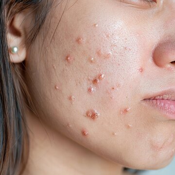 Close-up profile of a young woman's face showing acne breakouts, blemishes, and skin inflammation