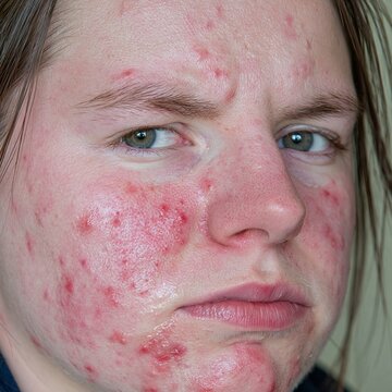 Close-up portrait of a young person with severe acne vulgaris, skin inflammation, and breakouts on their face