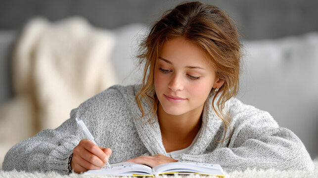 Thoughtful journaling by a teenage girl on floor with soft sweater for self reflection planner and study background
