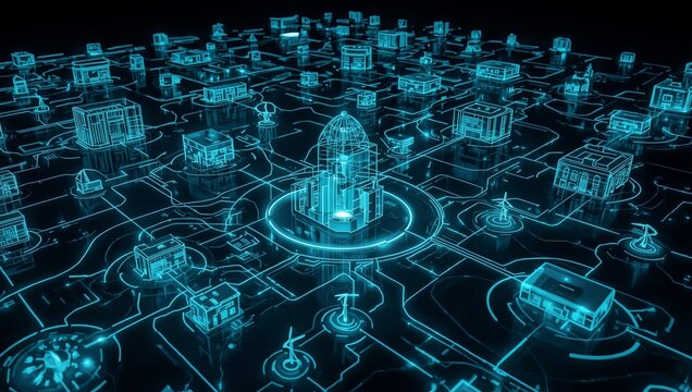 Smart grid digital twin city network with holographic infrastructure and renewable energy nodes.