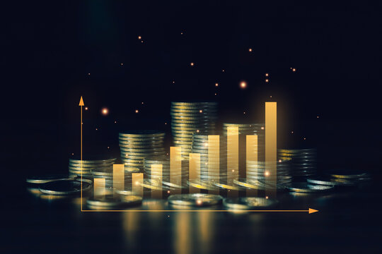 Stacks of coins with glowing bar chart and upward axis illustrate financial growth, investment returns, wealth building, business profit, savings, and positive economic performance.