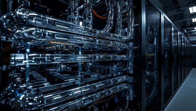 Close-up of advanced liquid cooling infrastructure inside AI data center server racks	