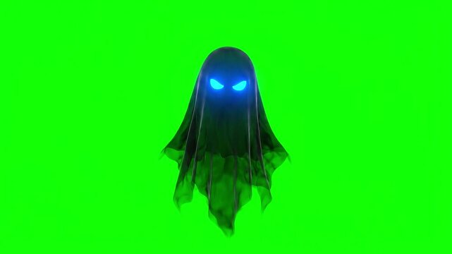 Floating ghost with glowing blue eyes on a green screen background,chroma key