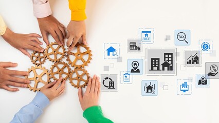 Obraz premium Collaborative Teamwork with Gear Mechanisms and Business Icons Representing Real Estate Concepts and Financial Transactions. Entropy.