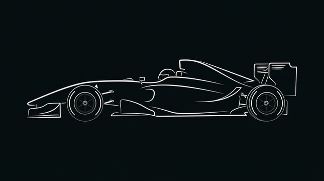 Stylized white line art illustration of a high-performance formula racing car in side view on a dark background. Sleek aerodynamic body, racing wheels, front wing, rear wing, and open-wheel design cre