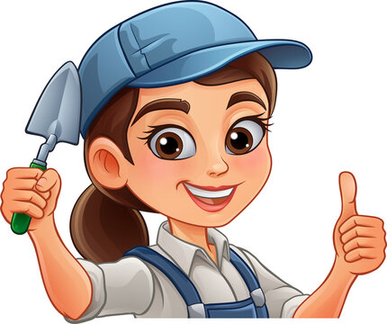 A woman female bricklayer holding a mortar trowel tool builder construction cartoon character mascot.