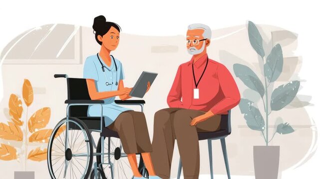 Healthcare worker in a wheelchair providing compassionate advice to an elderly man
