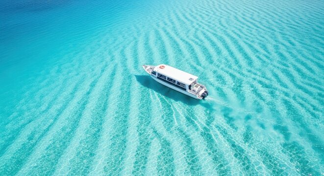Glass-bottom excursion boat glides over clear turquoise waters, revealing sandy seabed patterns