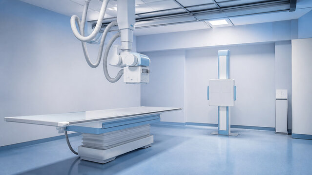 An empty general radiography room with a ceiling-suspended x-ray tube on rails and an upright wall bucky, patient table below, clean vinyl floor, unbranded equipment.