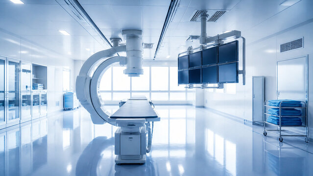An empty interventional radiology suite with a C-arm angiography unit over a narrow table and a bank of ceiling-suspended monitors, sterile blue drapes folded on a trolley.