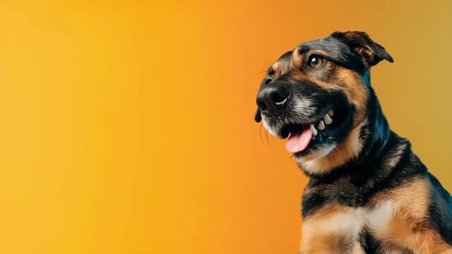 Cheerful mixed-breed dog stretching paw forward on vibrant yellow background, copy space