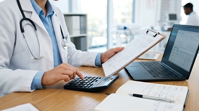Doctor calculating medical costs and analyzing patient data on laptop and clipboard