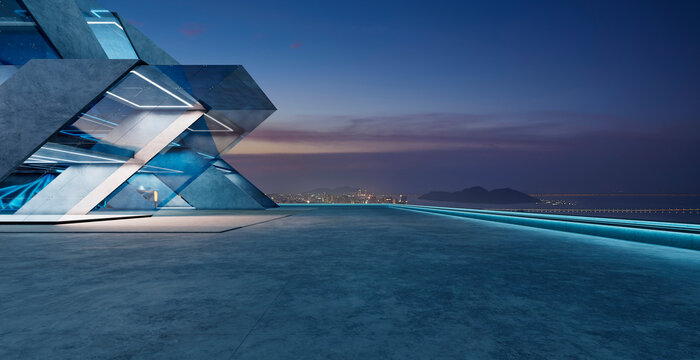 3d rendering futuristic architecture building with neon lights at twilight cityscape