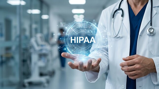 Doctor holding HIPAA digital hologram in modern hospital, healthcare data security concept